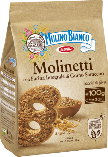 Ciastka pełnoziarniste Molineti Mulino Bianco 350g 8076809576635. Kruche ciastka Molinetti z mąki gryczanej i owsianej z dodatkiem brązowego cukru