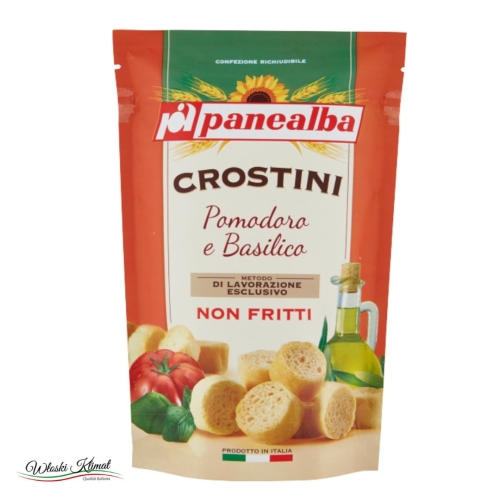 Grzanki chlebowe mini z pomidorami i bazylią w oliwie z oliwek Crostini POMODORO e BASILICO Panealba 100g 8002333007918