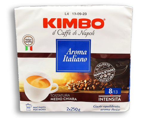 Kawa mielona Kimbo aroma italiano 2 x 250g EAN:8002200502119. Charakteryzuje się zrównoważonym smakiem oraz bogatym aromatem, który przywodzi na myśl tradycyjne włoskie kawiarnie. Kawa ma delikatne nuty czekolady i owoców.