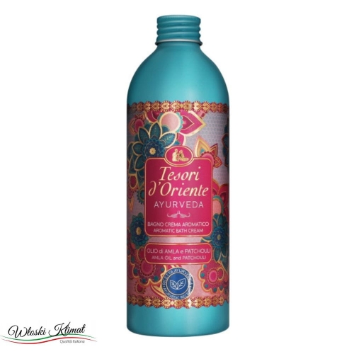 Tesori d’Oriente Ayurveda 500 ml – orientalny płyn do kąpieli z olejkiem paczuli i amlą. Odżywia, nawilża i relaksuje egzotycznym zapachem drewna i cytrusów. Idealny do codziennej pielęgnacji skóry. EAN 8008970043630