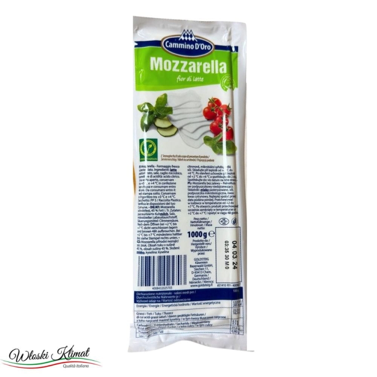 Ser Mozzarella na pizze w kawałku Fior di latte Cammino D'Oro 1kg Ean: 4008432025703