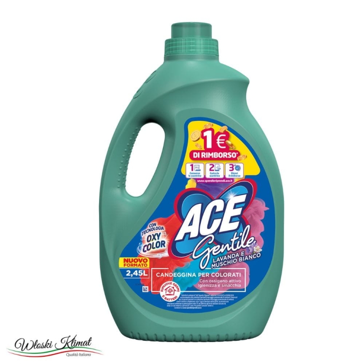 Odplamiacz/wybielacz do tkanin kolorowych Lawenda i Białe Piżmo Lavanda e Muschio Bianco Gentile ACE 2450ml Ean 8001480724846