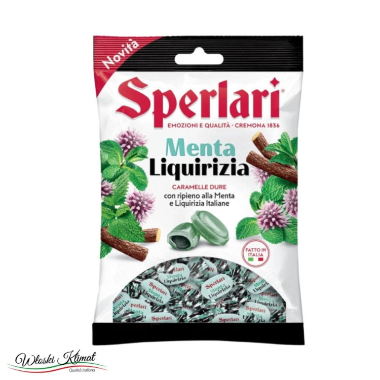 Cukierki nadziewane o smaku Mięty i Lukrecjii Menta Liquirizia Sperlari 150g  Ean 8013399202070