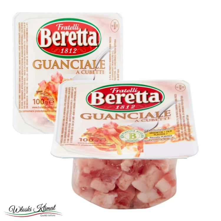 Guanciale - policzek wieprzowy sezonowany krojony w kostkę Beretta 100g