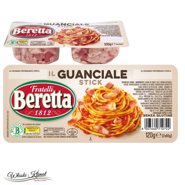 Guanciale - policzek wieprzowy sezonowany krojony w paski Sticks marki Beretta (2x60g) 120g