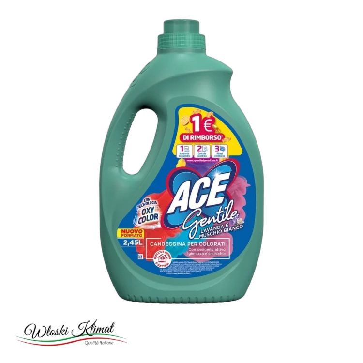 Odplamiacz/wybielacz do tkanin kolorowych Lawenda i Białe Piżmo Lavanda e Muschio Bianco Gentile ACE 2450ml - widok z przodu / opakowanie