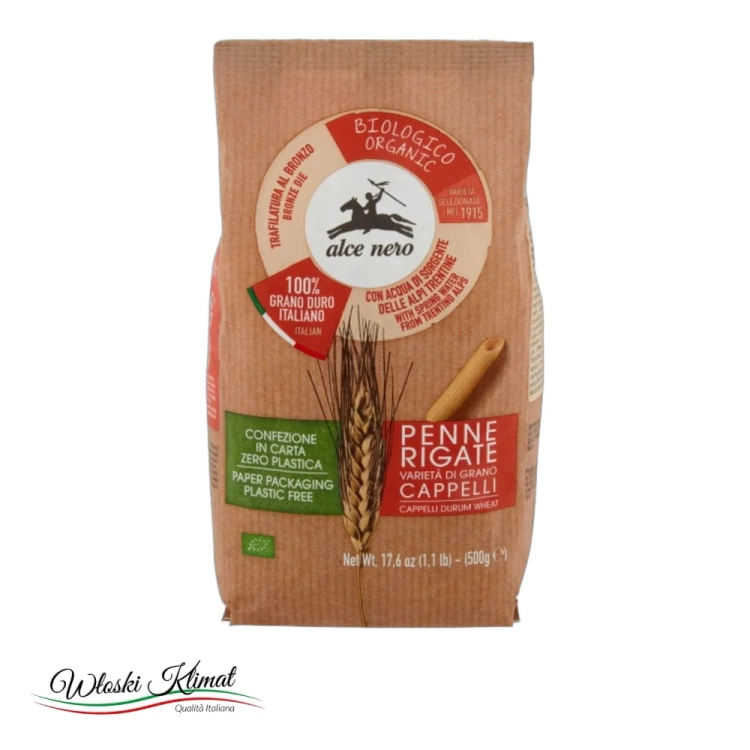 Makaron rurki z ekologicznej pszenicy płaskurki Penne Rigate BIO Alce Nero 500g - widok z przodu / opakowanie