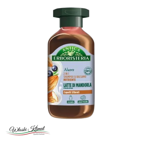 Szampon z odżywką 2w1 do włosów zniszczonych mleko migdałowe i owoce acai Latte di Mandorla & Bacche di acai Antica Erboristeria 250 ml - widok z przodu / opakowanie