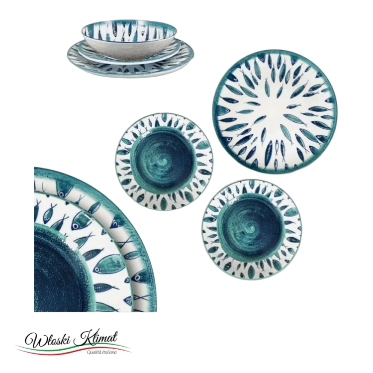 Zestaw talerzy porcelanowych 3 szt. Niebieskie Ryby Fish - widok z przodu / opakowanie