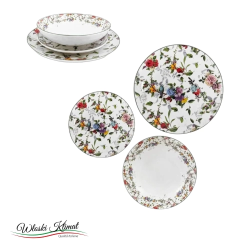 Zestaw talerzy porcelanowych dla 6 osób - 18 szt. Kwiaty Asturias Flowers - widok z przodu / opakowanie