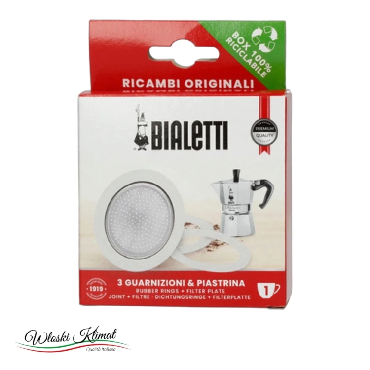 Uszczelki 3 szt. i sitko- zapas do kawiarek 1tz BIALETTI - widok z przodu / opakowanie