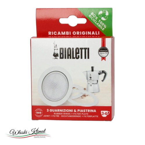 Uszczelki 3 szt. i sitko- zapas do kawiarek 3/4tz BIALETTI - widok z przodu / opakowanie
