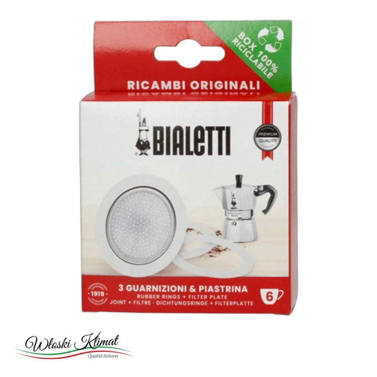 Uszczelki 3 szt. i sitko- zapas do kawiarek 6tz BIALETTI - widok z przodu / opakowanie
