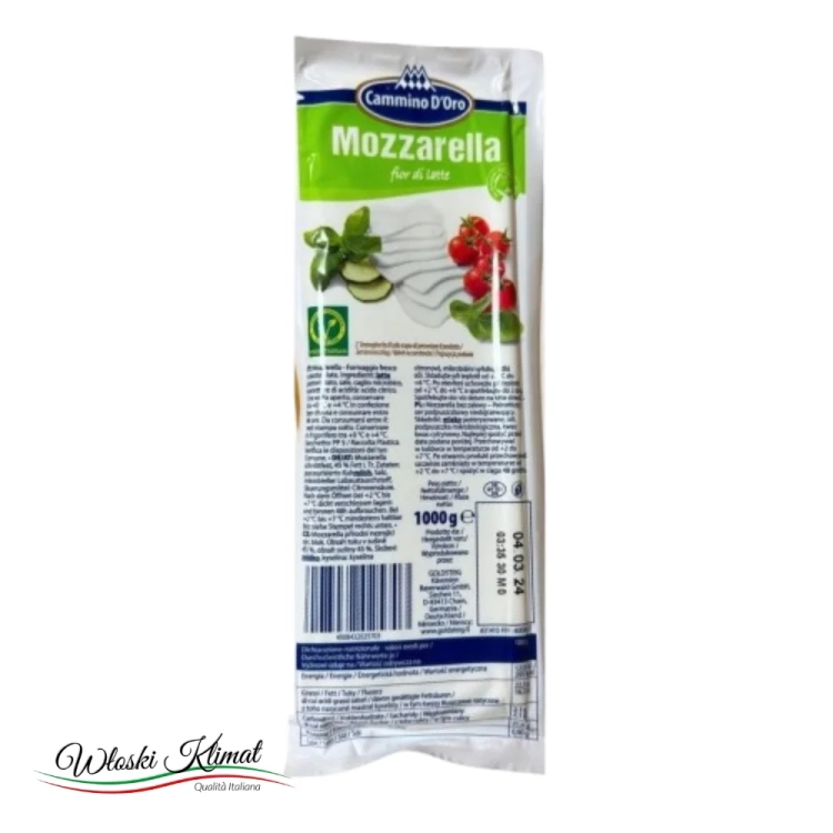Ser Mozzarella  na pizze w kawałku Fior di latte Cammino D'Oro 1kg - widok z przodu / opakowanie
