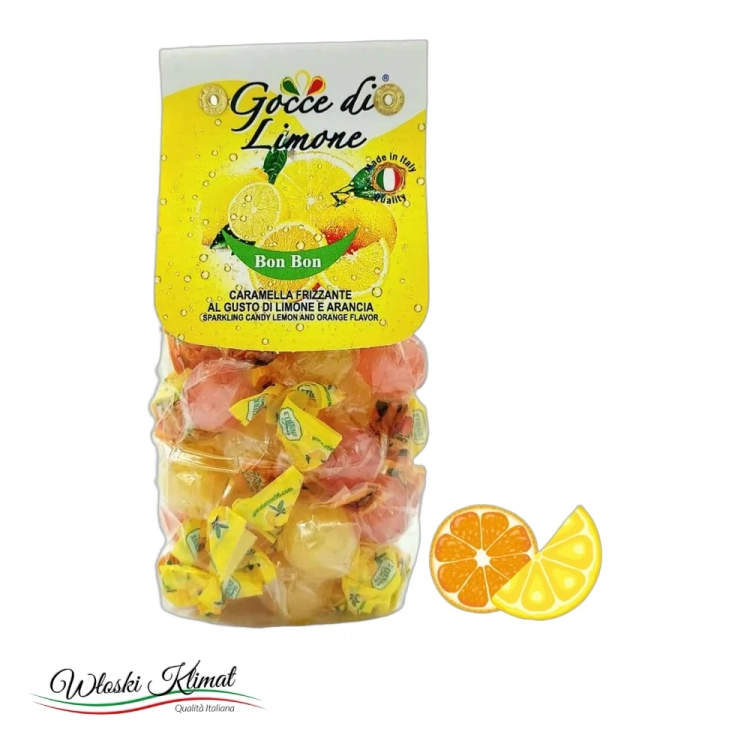 Karmelki Mix Cytryna Pomarańcza musujące Limone e Arancia Frizzante Gocce di Limone 200g - widok z przodu / opakowanie
