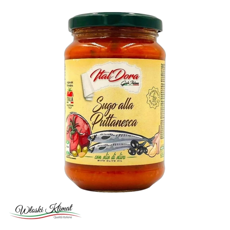 Sos pomidorowy z sardelą i oliwkami Sugo alla Puttanesca Ital Dora 350g - widok z przodu / opakowanie
