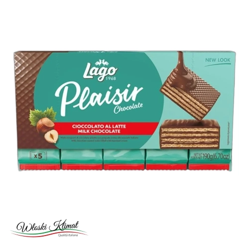 Wafle w mlecznej czekoladzie nadziewane kremem z orzechów laskowych LAGO 190g - widok z przodu / opakowanie
