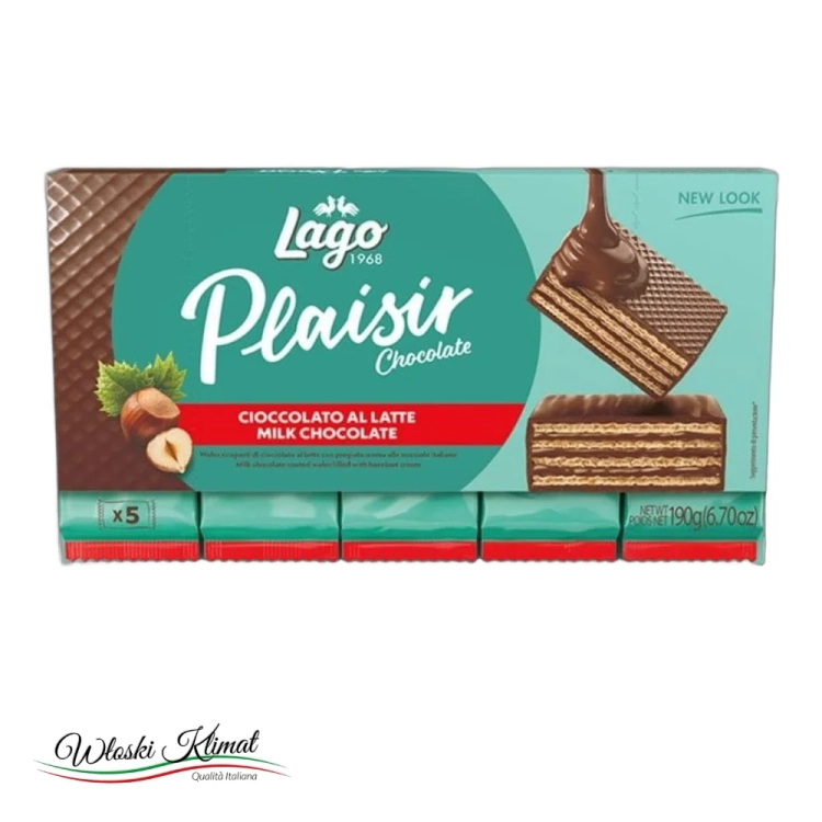 Wafle w mlecznej czekoladzie nadziewane kremem z orzechów laskowych LAGO 190g - widok z przodu / opakowanie