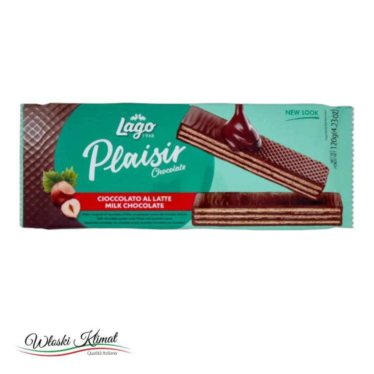 Wafle w mlecznej czekoladzie nadziewane kremem z orzechów laskowych Lago PLAISIR 120G - widok z przodu / opakowanie
