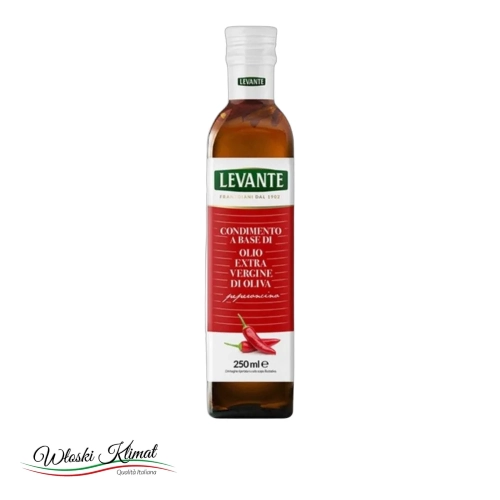 Oliwa z oliwek Extra Vergine z papryczką chilli Peperoncino LEVANTE 250ml - widok z przodu / opakowanie