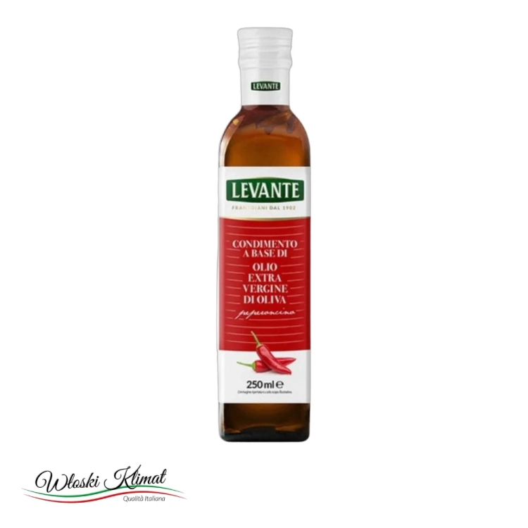 Oliwa z oliwek Extra Vergine z papryczką chilli Peperoncino LEVANTE 250ml - widok z przodu / opakowanie