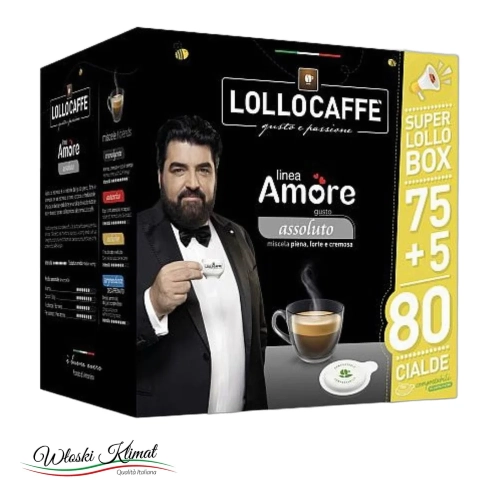 Kawa w saszetkach linea Amore assoluto LOLLOCAFFE (75+5) 80szt - widok z przodu / opakowanie