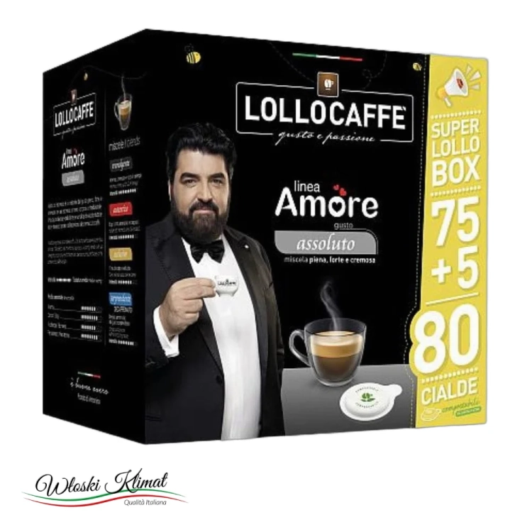 Kawa w saszetkach linea Amore assoluto LOLLOCAFFE (75+5) 80szt - widok z przodu / opakowanie