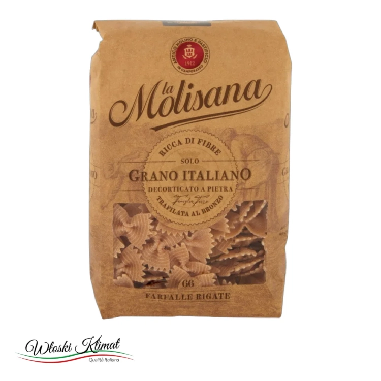 Makaron pełnoziarnisty  kokardki Farafelle Rigate N'66 Molisana 500g - widok z przodu / opakowanie