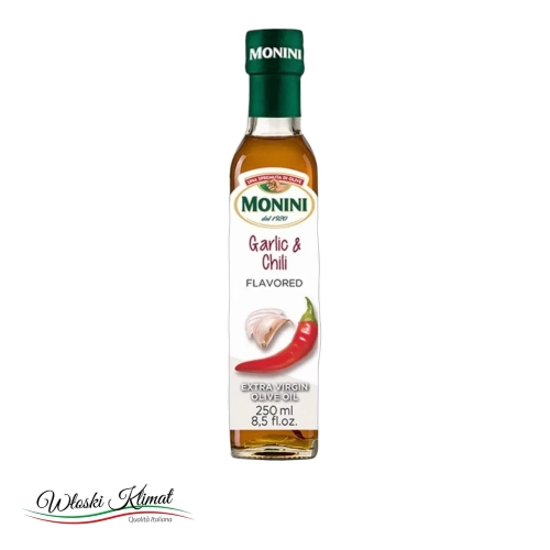 Oliwa z oliwek Extra Vergine z czosnkiem i chilli all' Aglio e Peperoncino MONINI 250ml - widok z przodu / opakowanie