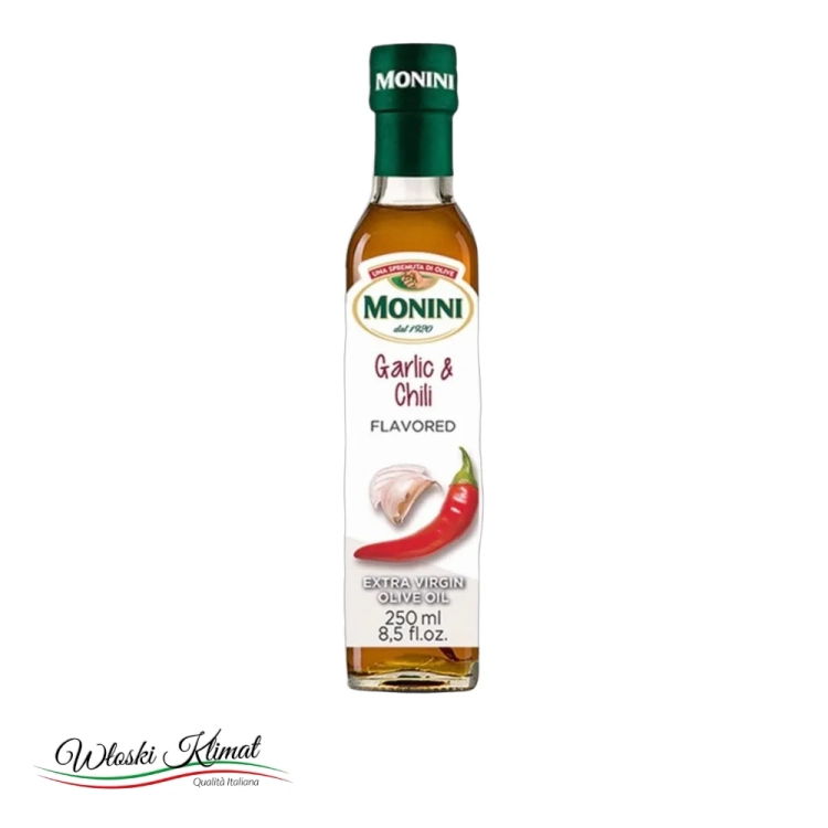 Oliwa z oliwek Extra Vergine z czosnkiem i chilli all' Aglio e Peperoncino MONINI 250ml - widok z przodu / opakowanie