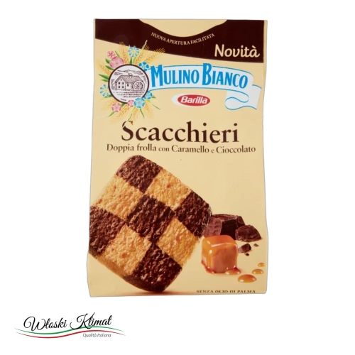 Ciastka kruche karmelowo czekoladowe SCACCHIERI  Mulino Bianco 300g - widok z przodu / opakowanie