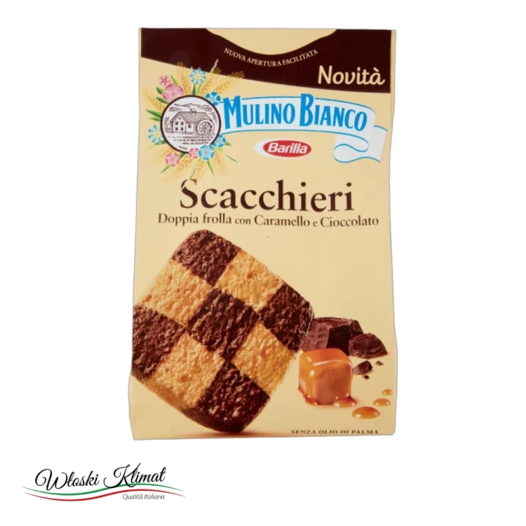 Ciastka kruche karmelowo czekoladowe SCACCHIERI  Mulino Bianco 300g - widok z przodu / opakowanie