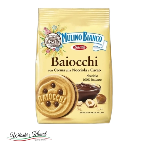 Ciastka z nadzieniem kakaowo- orzechowym BAIOCCHI Mulino Bianco 260g - widok z przodu / opakowanie