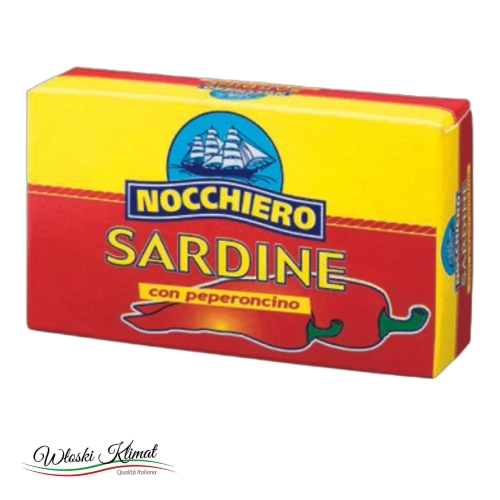 Sardynki z papryczką chilli w oleju słonecznikowym Sardine Piccanti NOCCHIERO 125g - widok z przodu / opakowanie