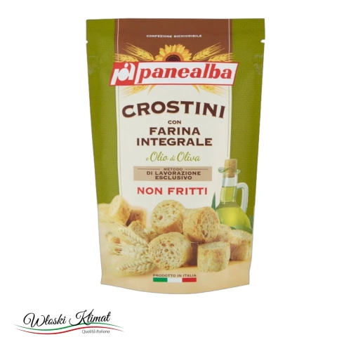 Mini grzanki chlebowe pełnoziarniste z oliwą z oliwek CROSTINI con farina integrale e olio di  oliva Panealba 80g - widok z przodu / opakowanie
