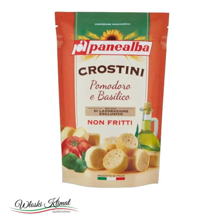 Grzanki chlebowe mini z pomidorami i bazylią w oliwie z oliwek Crostini POMODORO e BASILICO Panealba 100g - widok z przodu / opakowanie