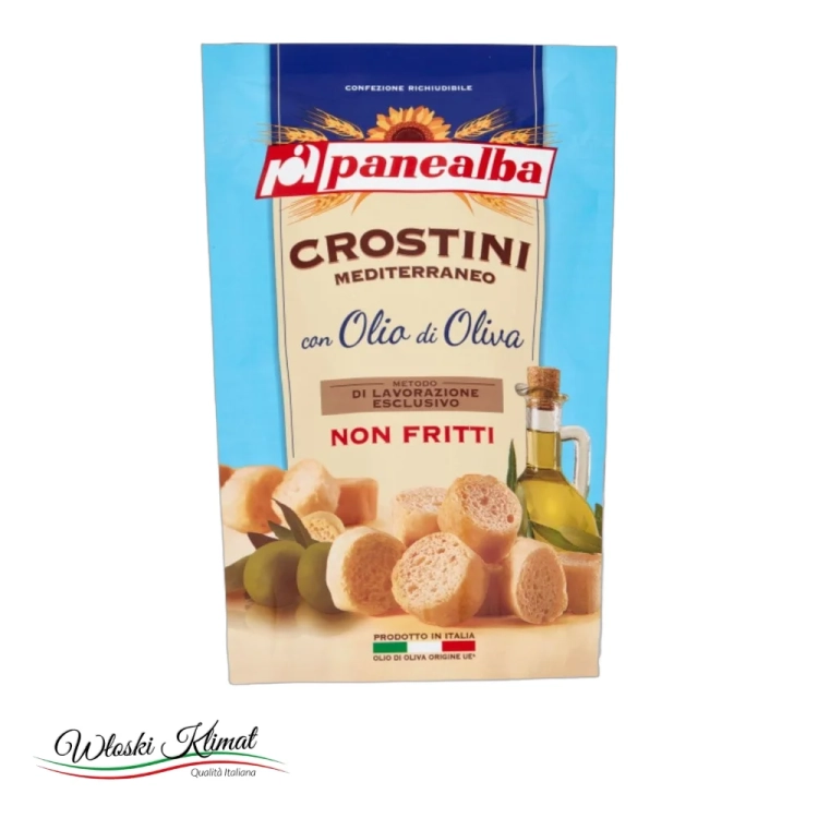 Mini grzanki chlebowe śródziemnomorskie w oliwie z oliwek CROSTINI MEDITERRANO Panealba 100g - widok z przodu / opakowanie