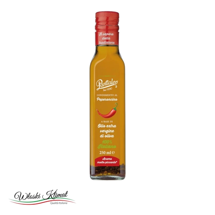 Oliwa z oliwek Extra Vergine z Papryczką Chilli Condimento Al Peperoncino 100% Italiano Pantaleo 250ml - widok z przodu / opakowanie