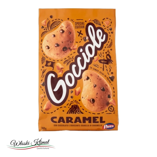 Ciastka kruche z kawałkami ciemnej czekolady i karmelem Gocciole Caramel PAVESI 300g - widok z przodu / opakowanie