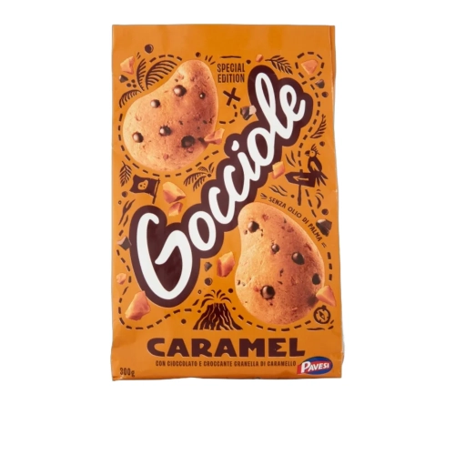 Ciastka kruche z kawałkami ciemnej czekolady i karmelem Gocciole Caramel PAVESI 300g - widok szczegółowy 2