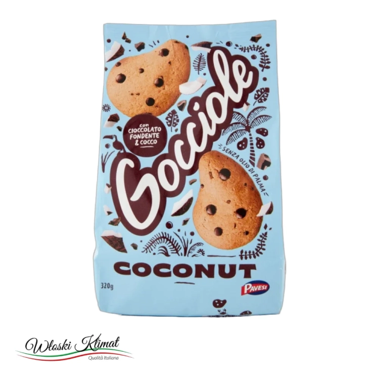 Ciastka kruche z ciemną czekoladą i kokosem  Gocciole  coconut PAVESI 320g - widok z przodu / opakowanie
