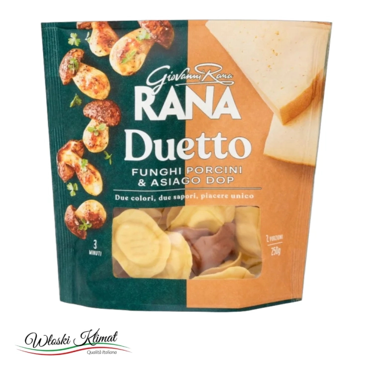 Pierożki o smaku Prawdziwków i Sera Asiago Ravioli Duetto Porcini Asiago Giovanni RANA 250g - widok z przodu / opakowanie
