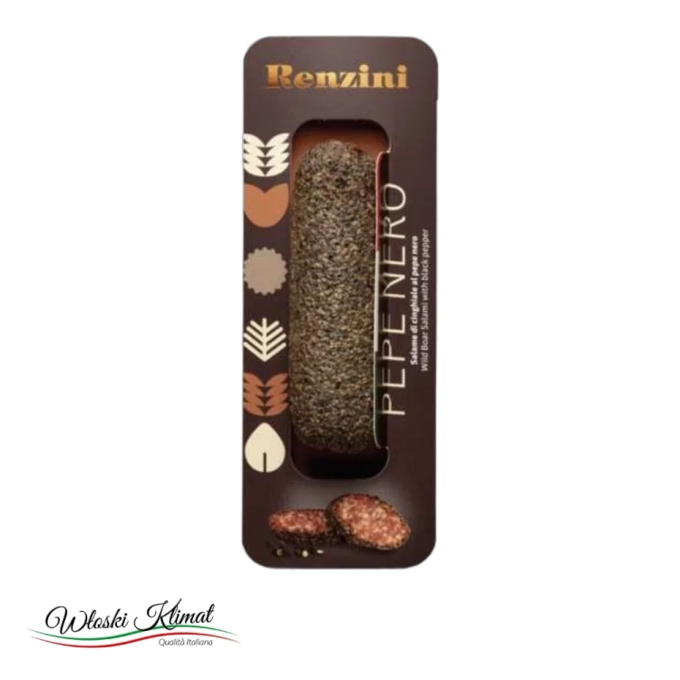 Kiełbasa Salami długodojrzewająca z Dzika i Czarnym Pieprzem Cinghiale al Pepe Nero RENZINI 180g - widok z przodu / opakowanie