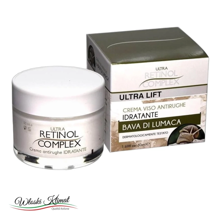 Krem do twarzy przeciwzmarszczkowy, nawilżający ze śluzem ślimaka RETINOL COMPLEX 50ml - widok z przodu / opakowanie