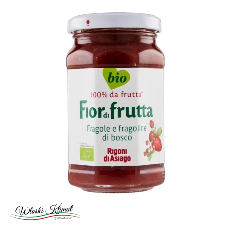 Konfitura z truskawek i poziomek leśnych ekologicznych BIO Rigoni 250g - widok z przodu / opakowanie