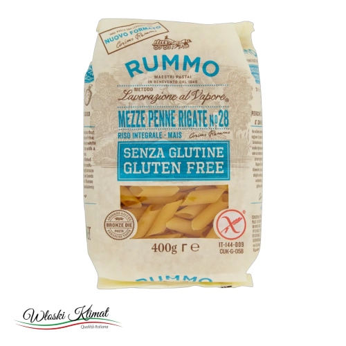 Makaron rurki bez glutenu MEZZE PENNE RIGATE no.28 RUMMO 400g - widok z przodu / opakowanie