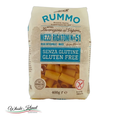 Makaron bez glutenu 1/2 Mezzi Rigatoni nr 51 RUMMO 400g - widok z przodu / opakowanie