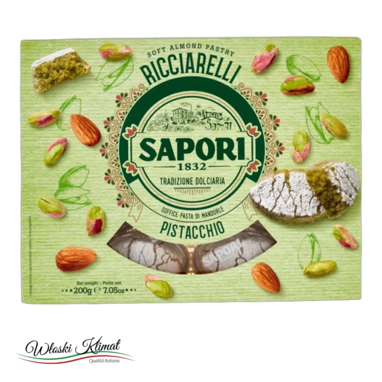 Ciasteczka z pasty migdałowej o smaku pistacjowym Ricciarelli SAPORI 200g - widok z przodu / opakowanie
