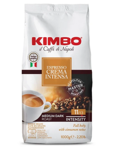 Kawa ziarnista Kimbo Crema Intensa 1 kg. EAN:8002200140687. Kawa ta charakteryzuje się bogatym, pełnym smakiem oraz kremową konsystencją, co sprawia, że idealnie nadaje się do parzenia espresso, ale także do kaw mlecznych