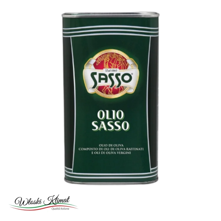 Oliwa z oliwek w metalowej bańce SASSO 1L - widok z przodu / opakowanie